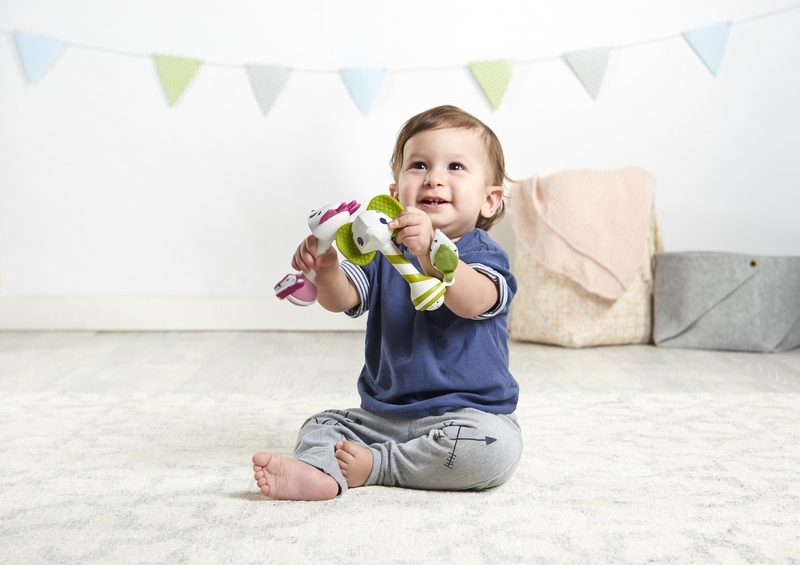 Dziecko z grzechotką i gryzakiem