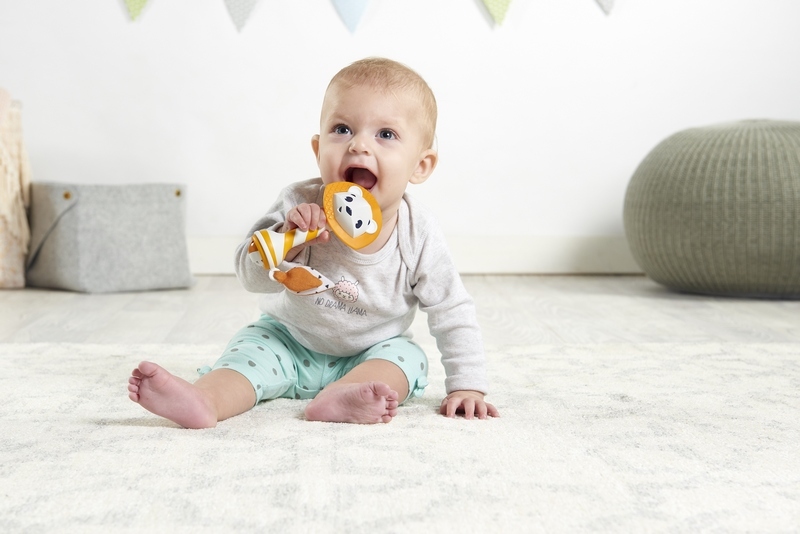 Dziecko z grzechotką i gryzakiem